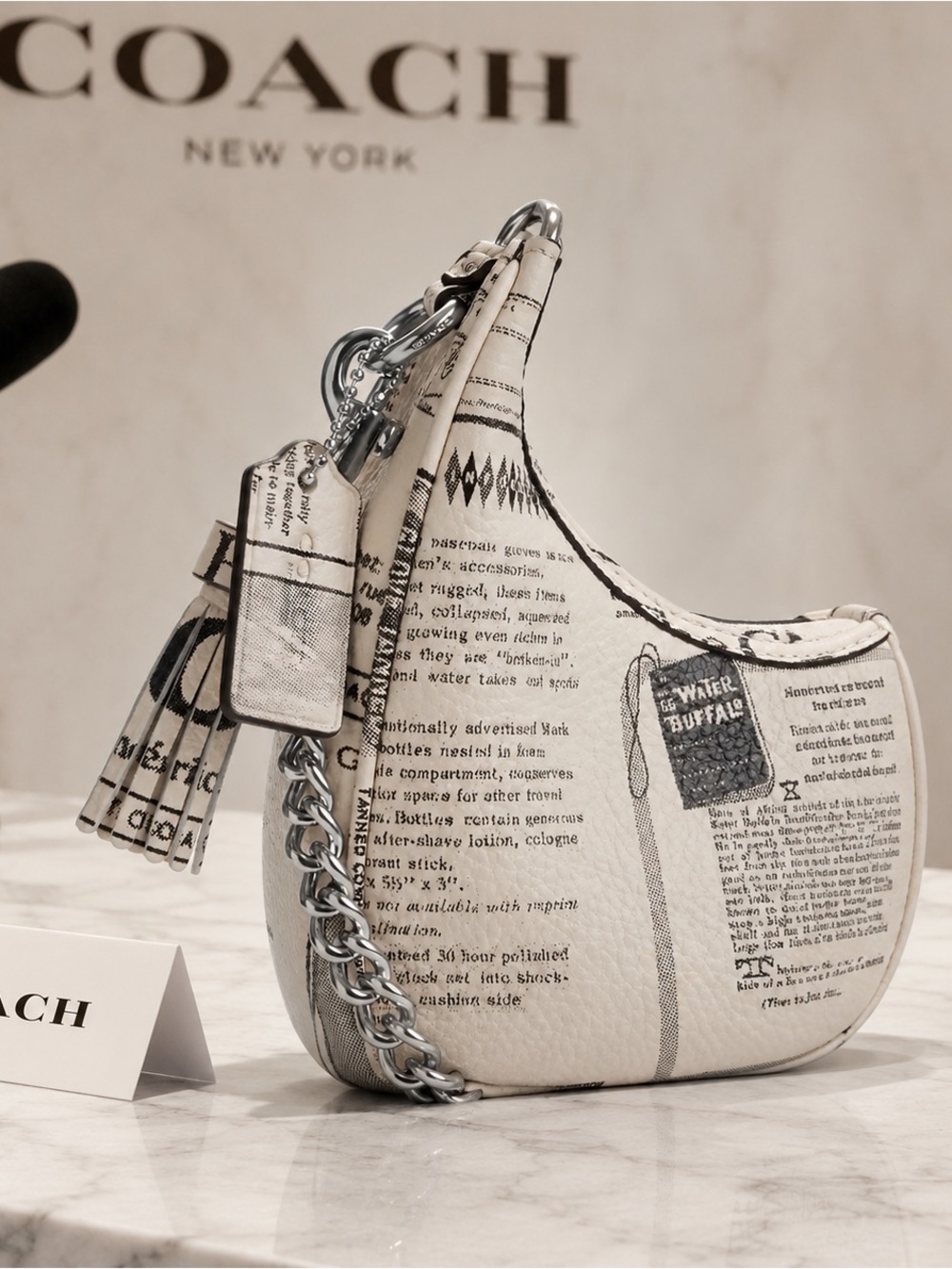 Coach White Newspaper Print Shoulder Hobo with Chain Strap NWT - Picture 3 of 6